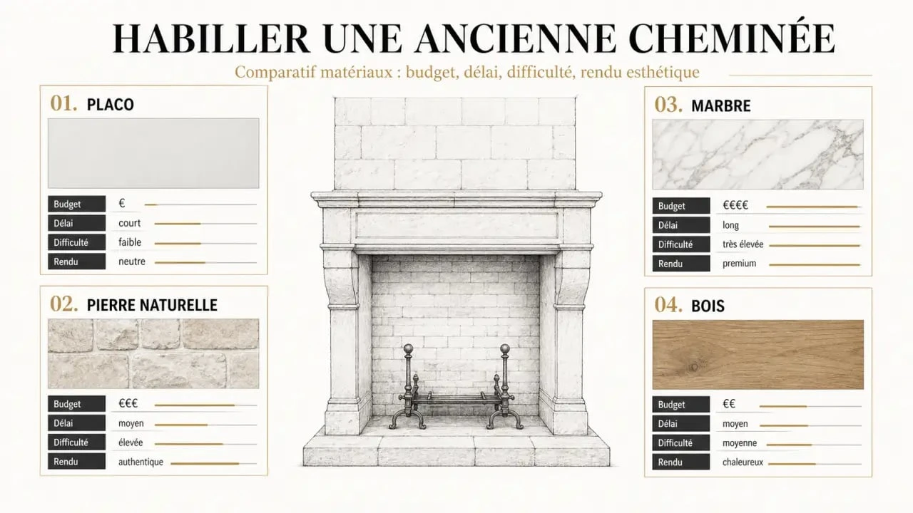 Habillage ancienne cheminée : comparatif visuel des matériaux pour moderniser ou masquer une cheminée vieillissante