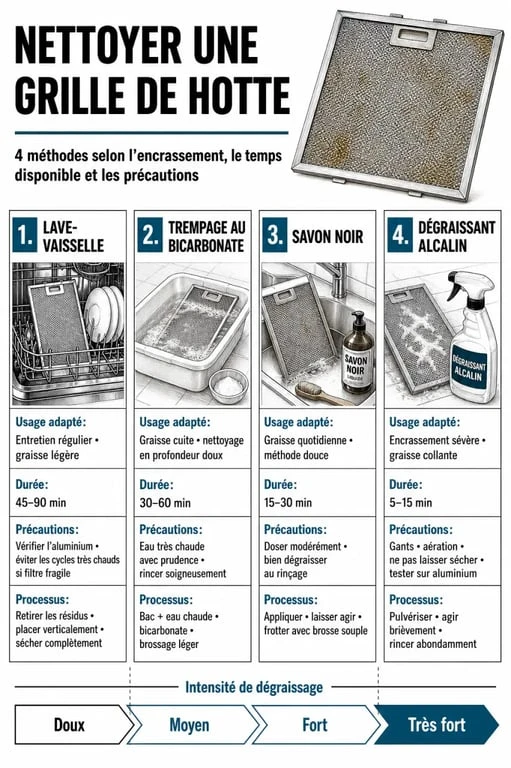 Nettoyage grille hotte : comparaison des méthodes de dégraissage et de leur usage