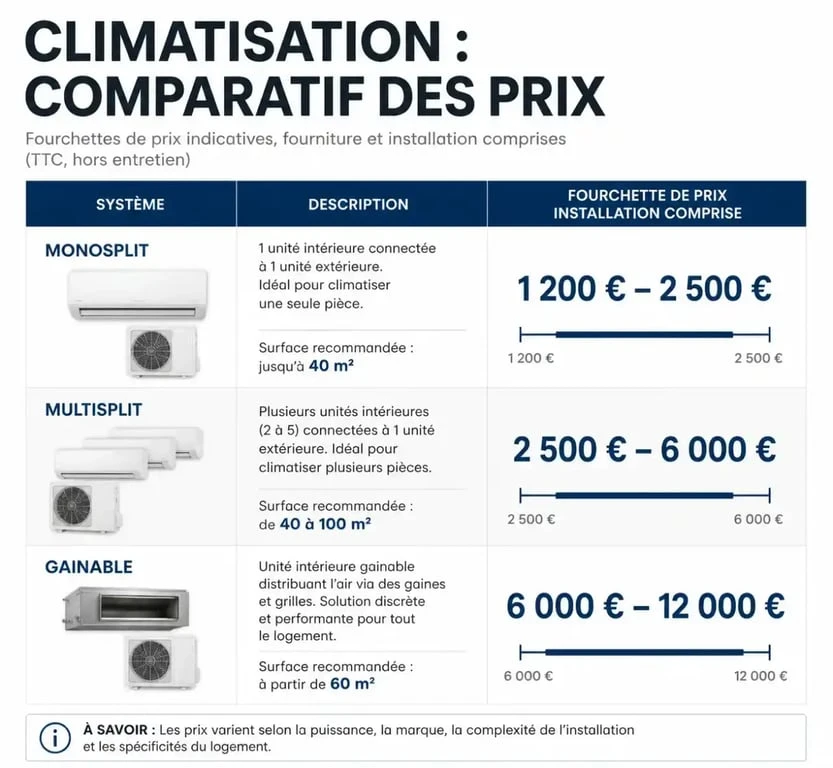 Infographie des prix de climatisation réversible selon le type de système