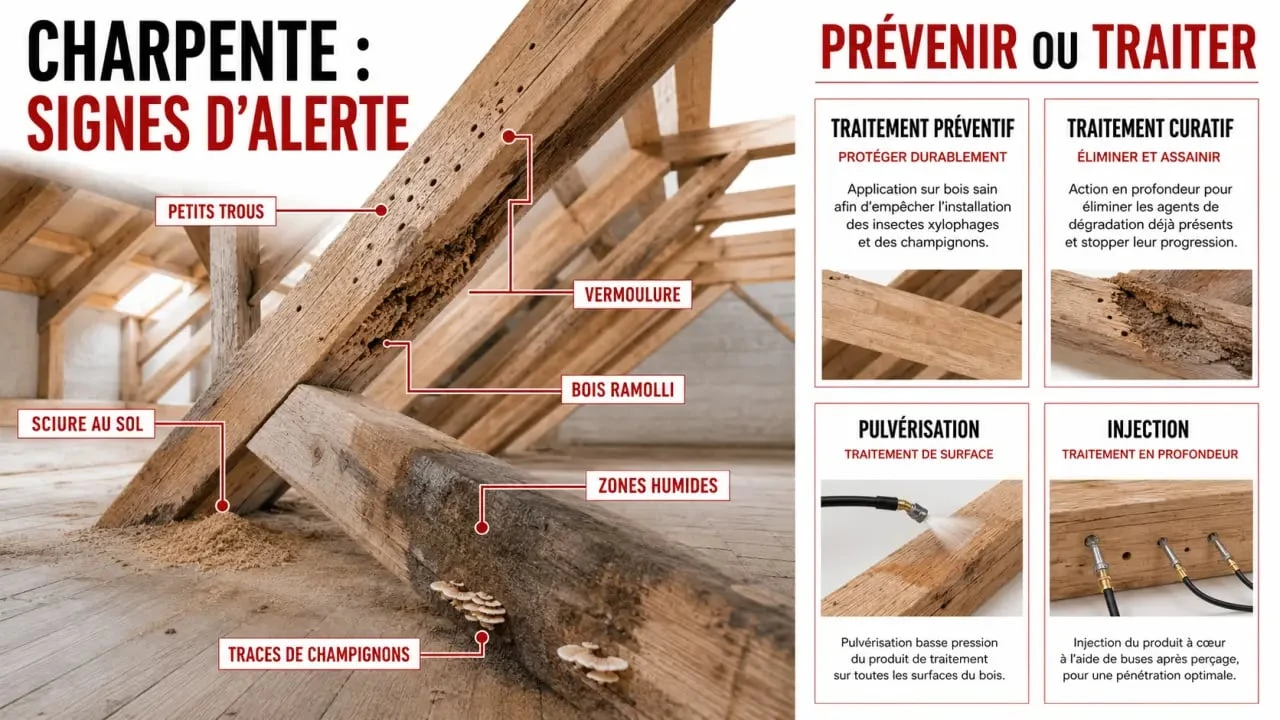 Infographie sur le traitement charpente bois : signes d’attaque, traitement préventif et curatif