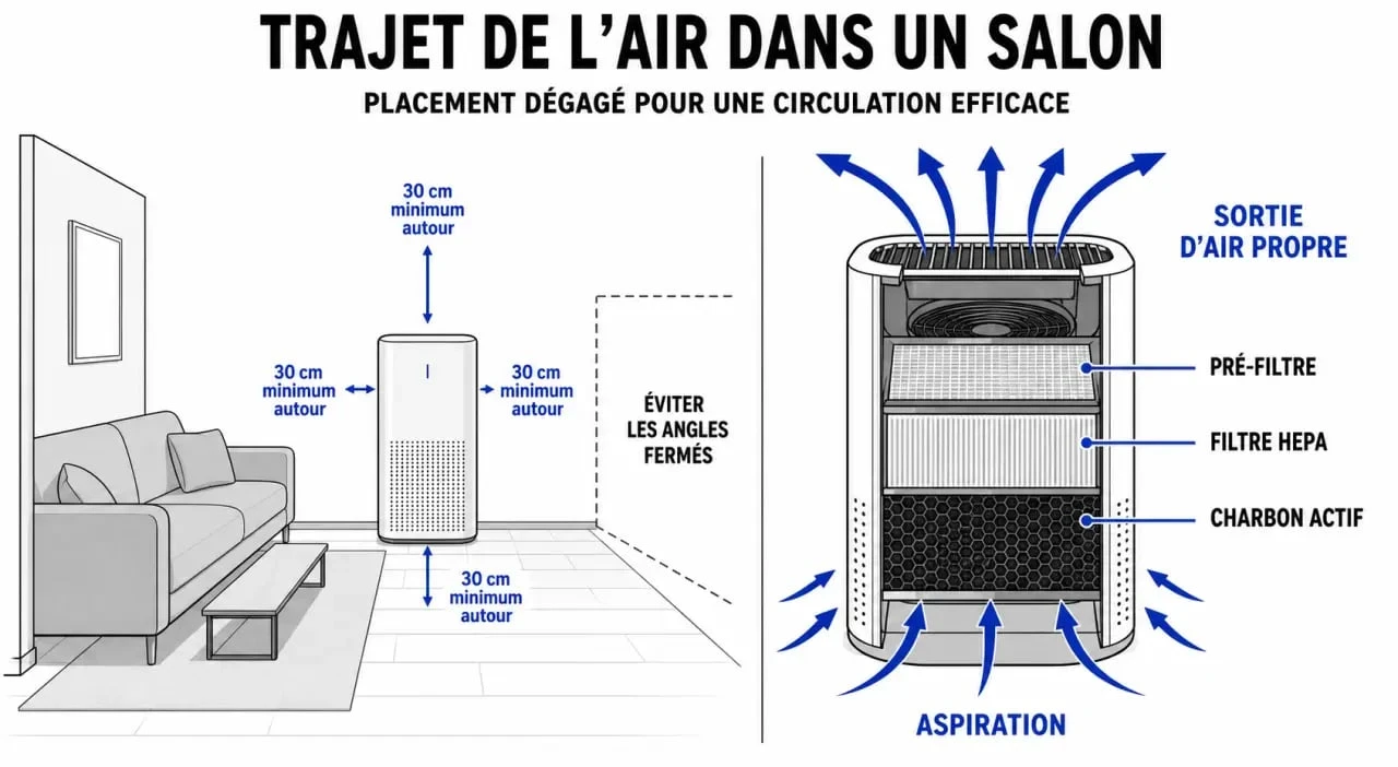 Meilleur purificateur d air : schéma du fonctionnement avec filtre HEPA et charbon actif