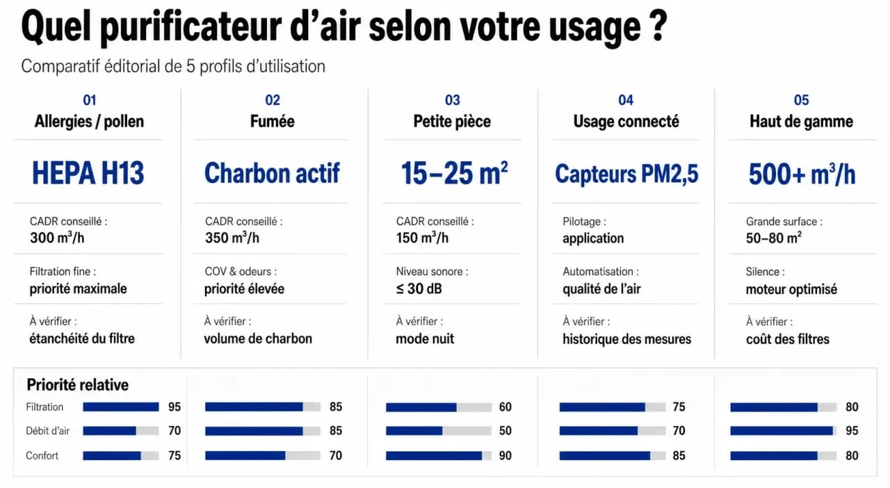 Meilleur purificateur d air : tableau comparatif des usages allergies, fumée, odeurs et COV