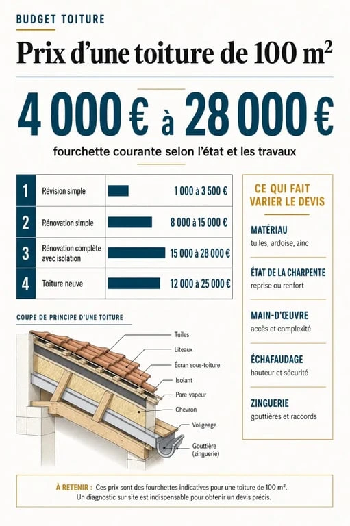 Prix d une toiture 100m2 : infographie des fourchettes de budget, matériaux et postes de coût