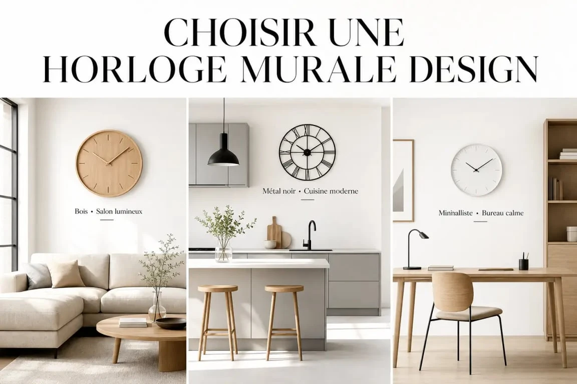 Horloges design murales mises en situation dans un intérieur contemporain, avec modèles en bois, métal et style minimaliste