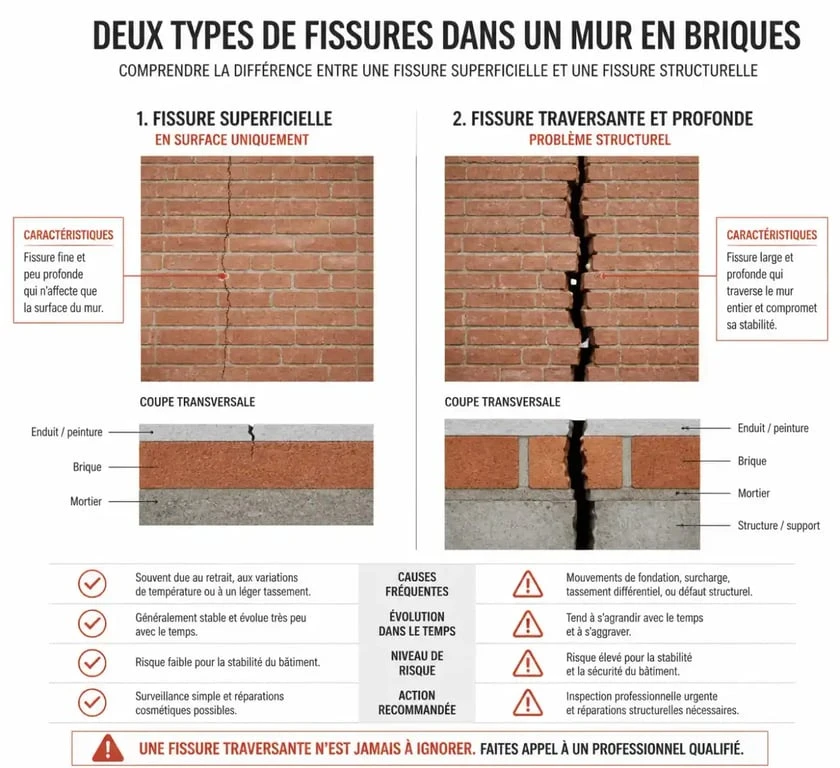 Différence entre fissure superficielle et pathologie structurelle lors d'un diagnostic structurel
