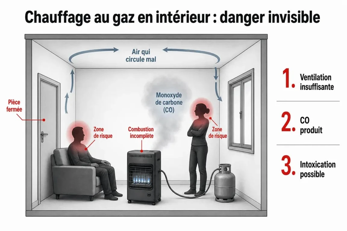 Schéma du chauffage gaz bouteille intérieur danger montrant combustion, monoxyde de carbone et ventilation