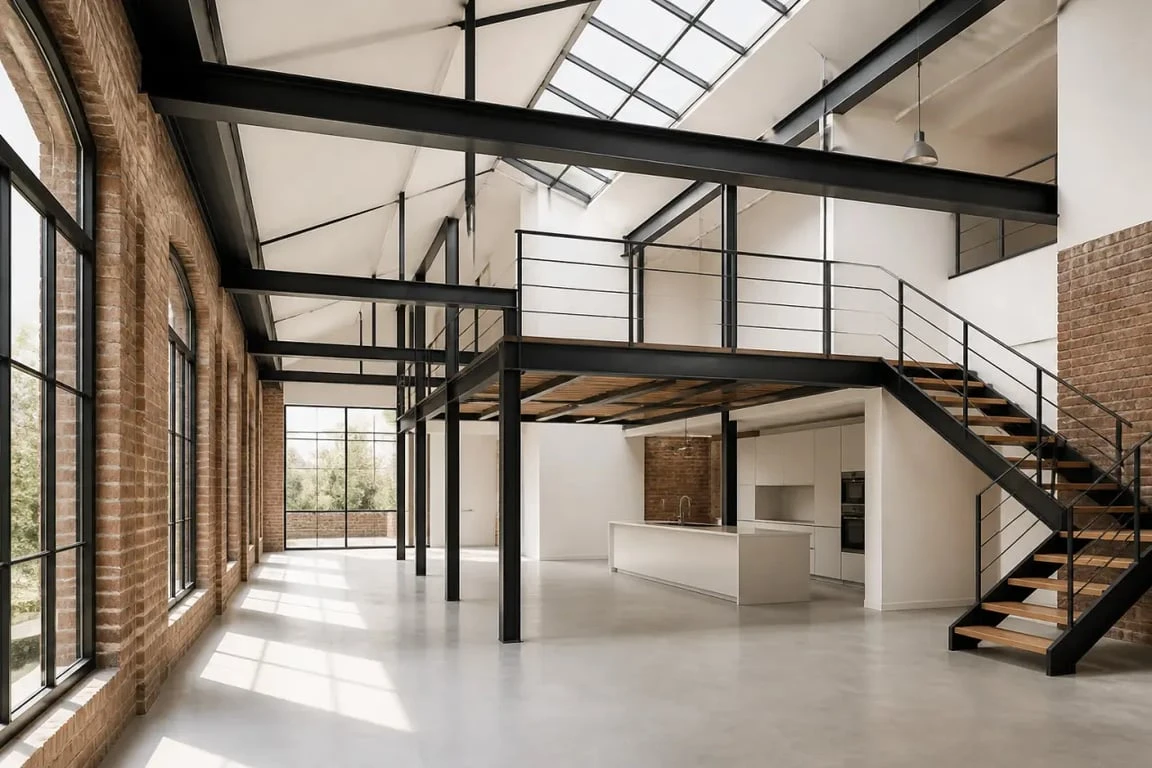 Définition d un loft : ancien atelier transformé en habitation avec grand volume ouvert, verrière et murs en briques