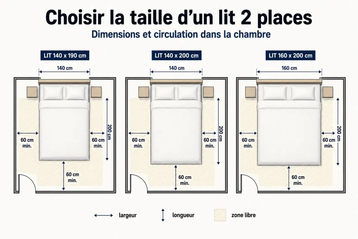 Dimension lit 2 places : comparaison visuelle des formats 140x190, 140x200 et 160x200 cm dans une chambre