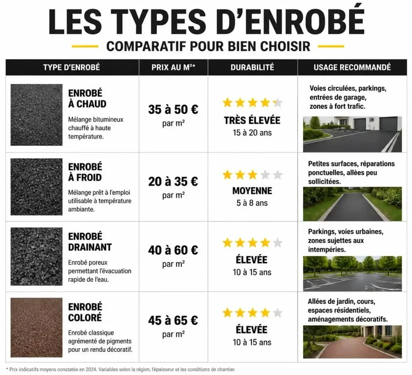 Infographie comparative des prix et caractéristiques des différents types d'enrobé au m2 pour allées et parkings.