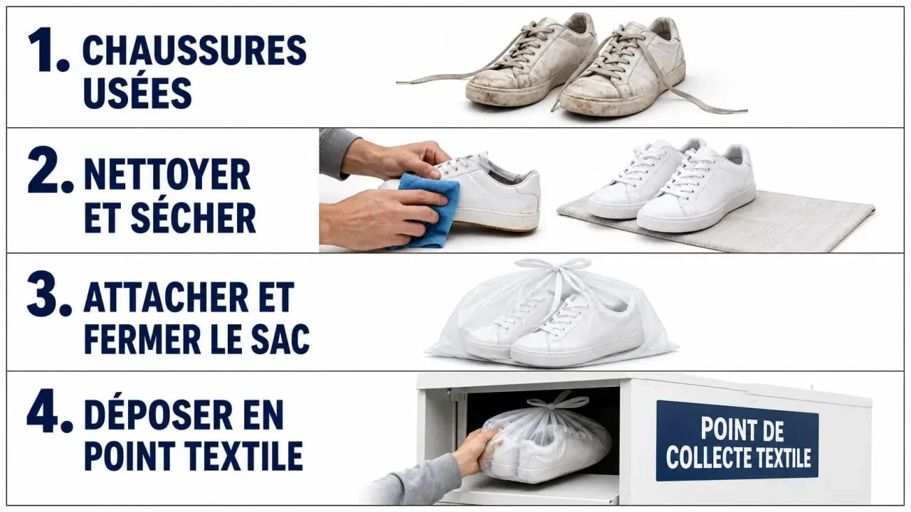 Recycler chaussures : étapes pour nettoyer, sécher, attacher par paire et déposer dans un point de collecte