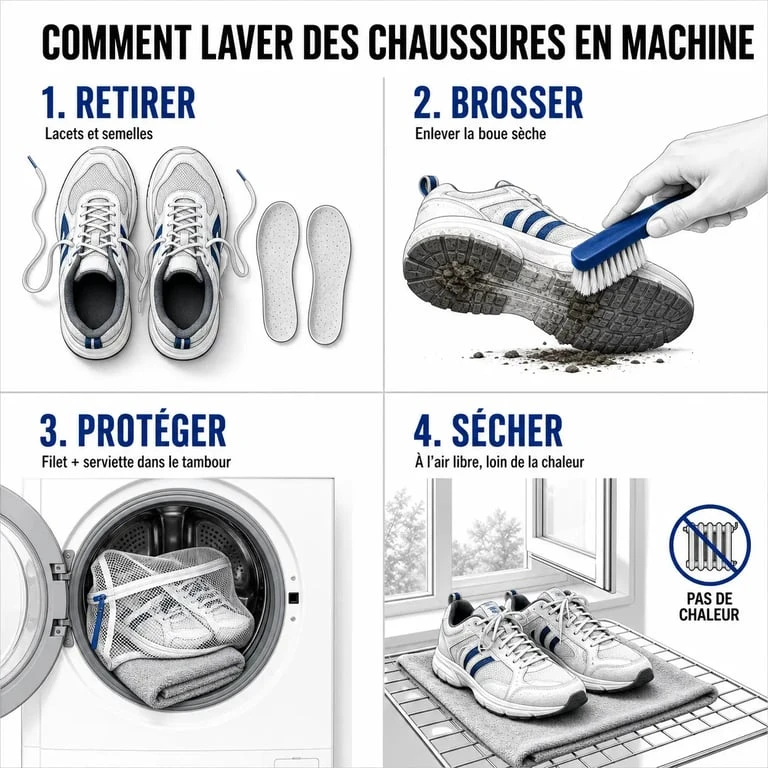 Laver chaussures machine : étapes pour préparer, protéger et sécher une paire en machine