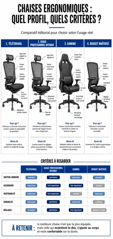 Top chaise ergonomique : comparatif visuel des modèles selon le profil d’usage