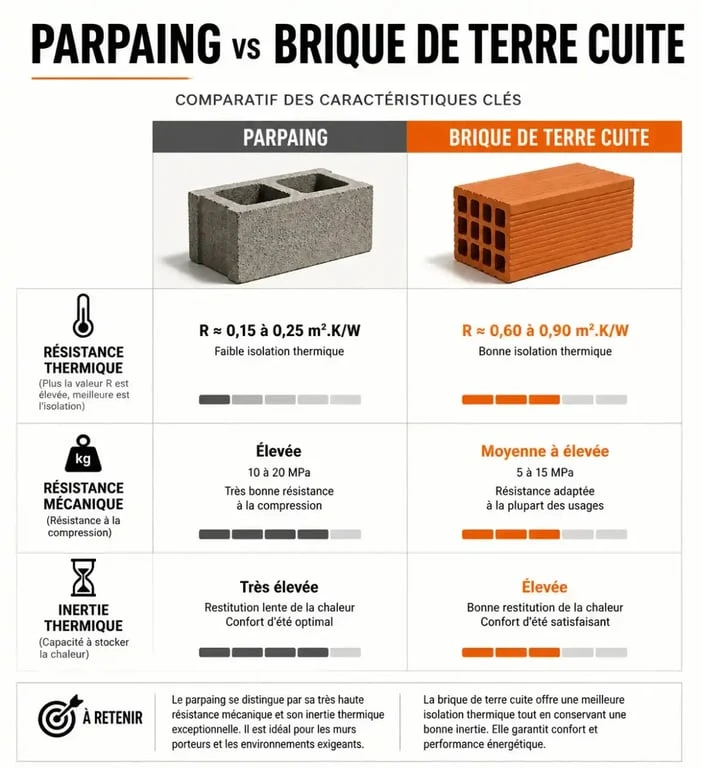 Infographie comparative entre brique ou parpaing pour la construction d'une maison