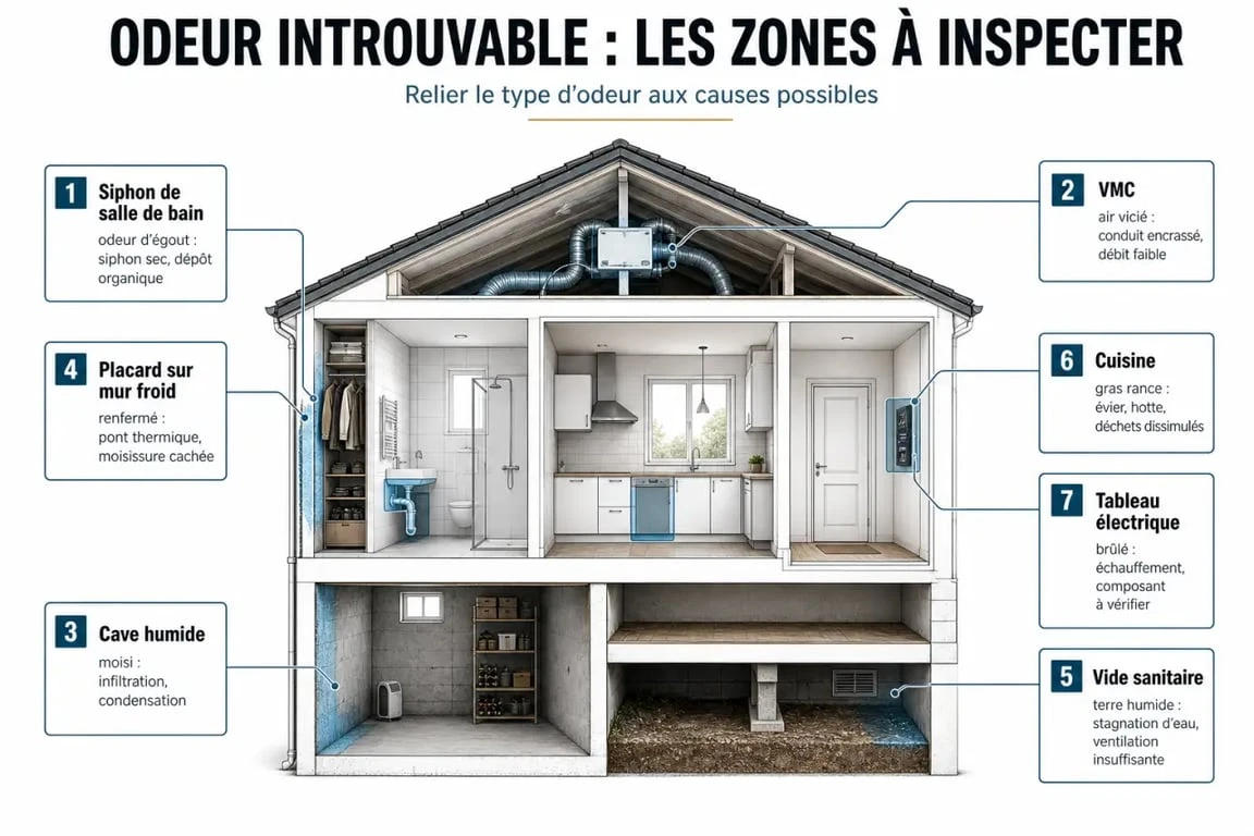 Schéma éditorial pour localiser une odeur maison introuvable dans les zones à vérifier d’une maison