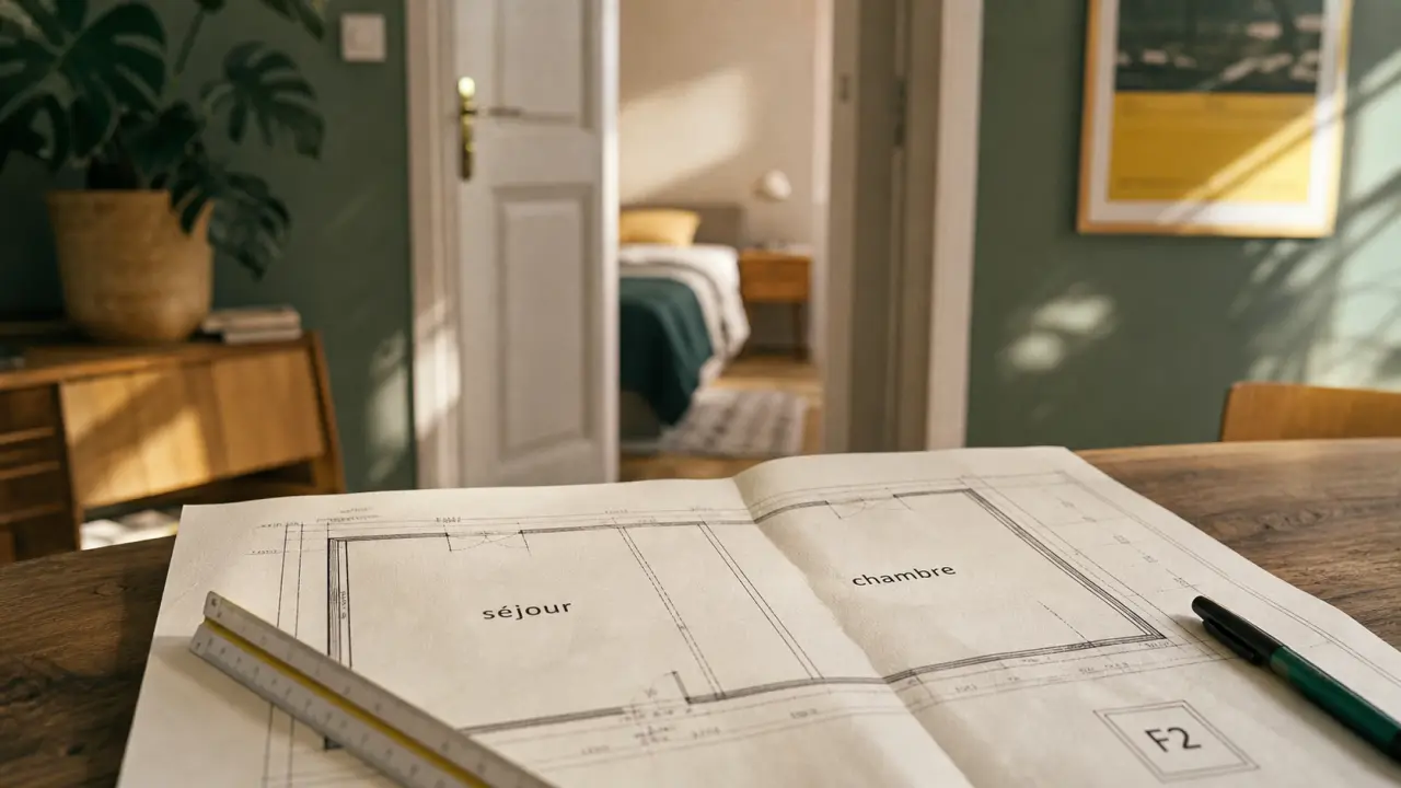 F2 combien de chambres : plan avec séjour et chambre