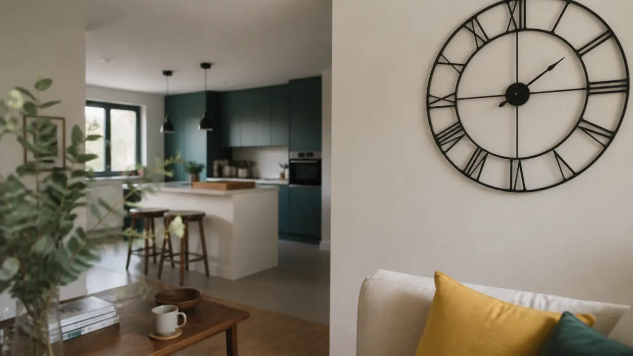 Horloges design : horloge métal noir grand diamètre sur mur beige, intérieur bois