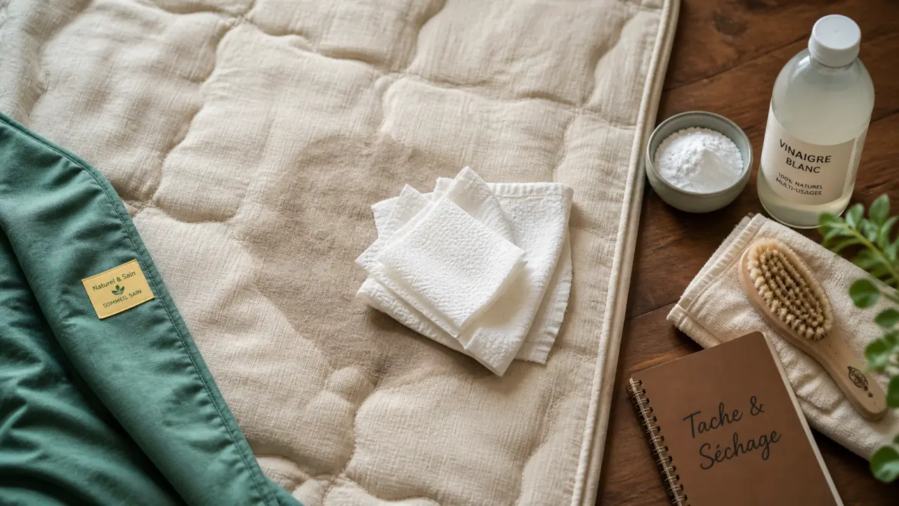 Nettoyage d un matelas taché : chiffon, bicarbonate et vinaigre, puis séchage du matelas