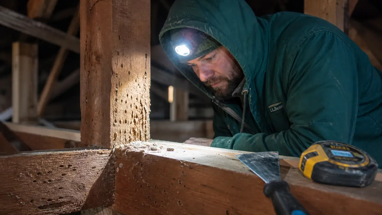Traitement charpente bois : sciure et galeries dans le bois