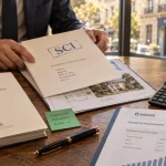 Achat immobilier par SCI : notaire avec dossier et plan de bien immobilier