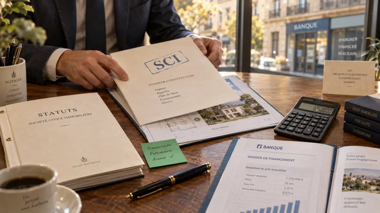Achat immobilier par SCI : notaire avec dossier et plan de bien immobilier