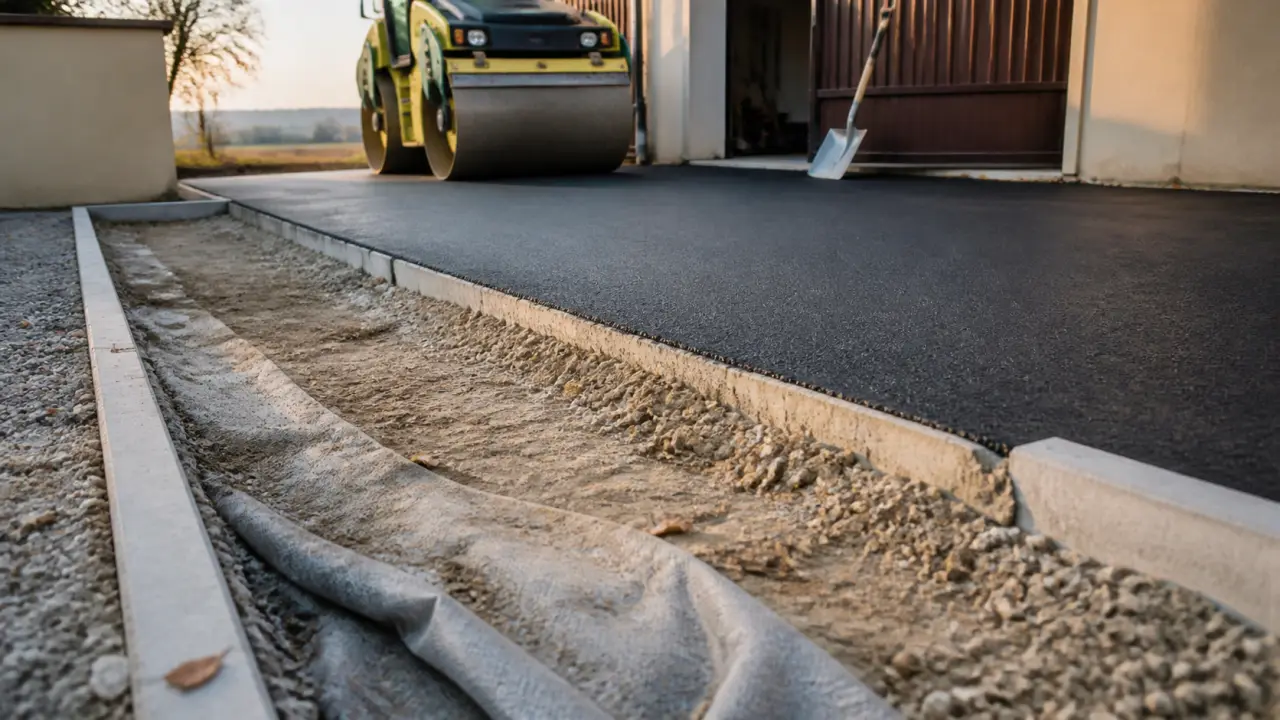 Allée goudronnée avec drainage : tranchée et enrobé pour éviter flaques
