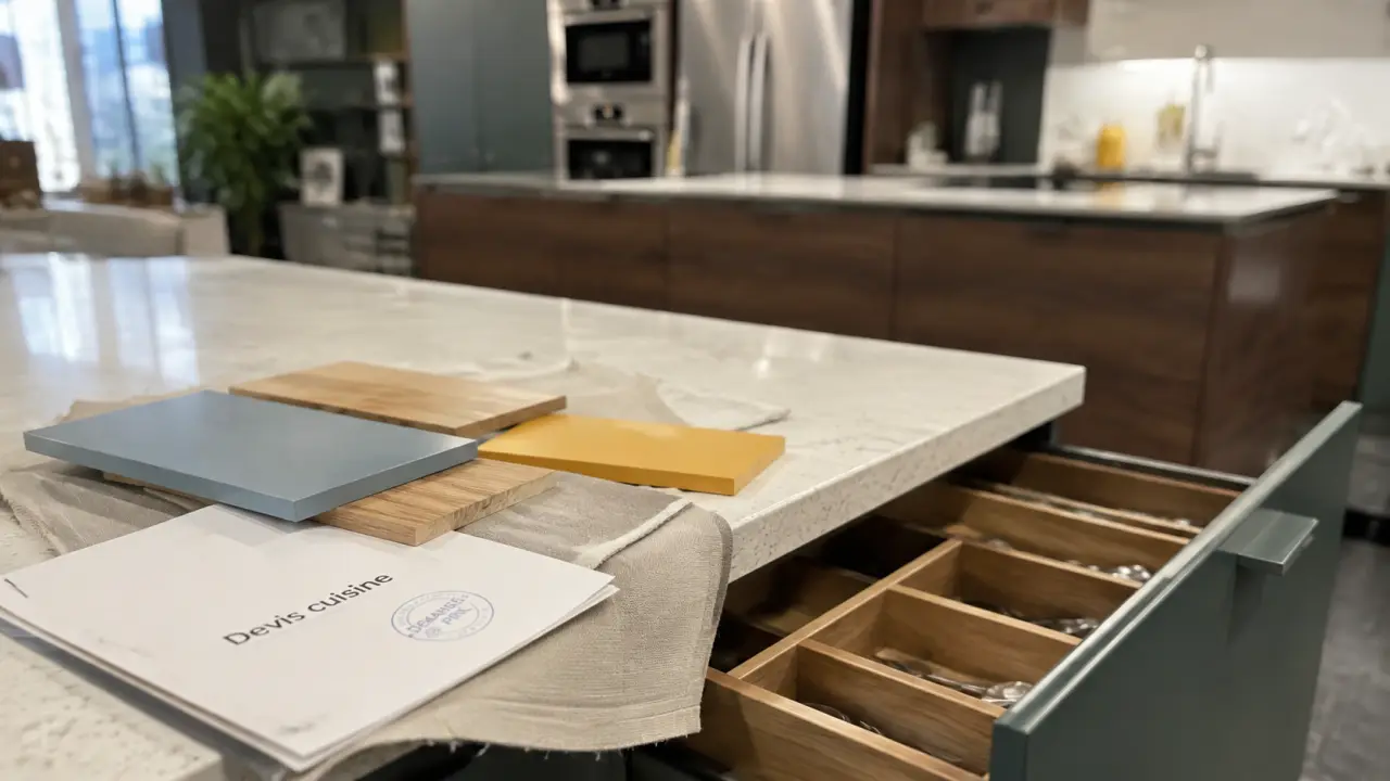 Arthur Bonnet cuisine prix : plan de travail quartz en showroom cuisine