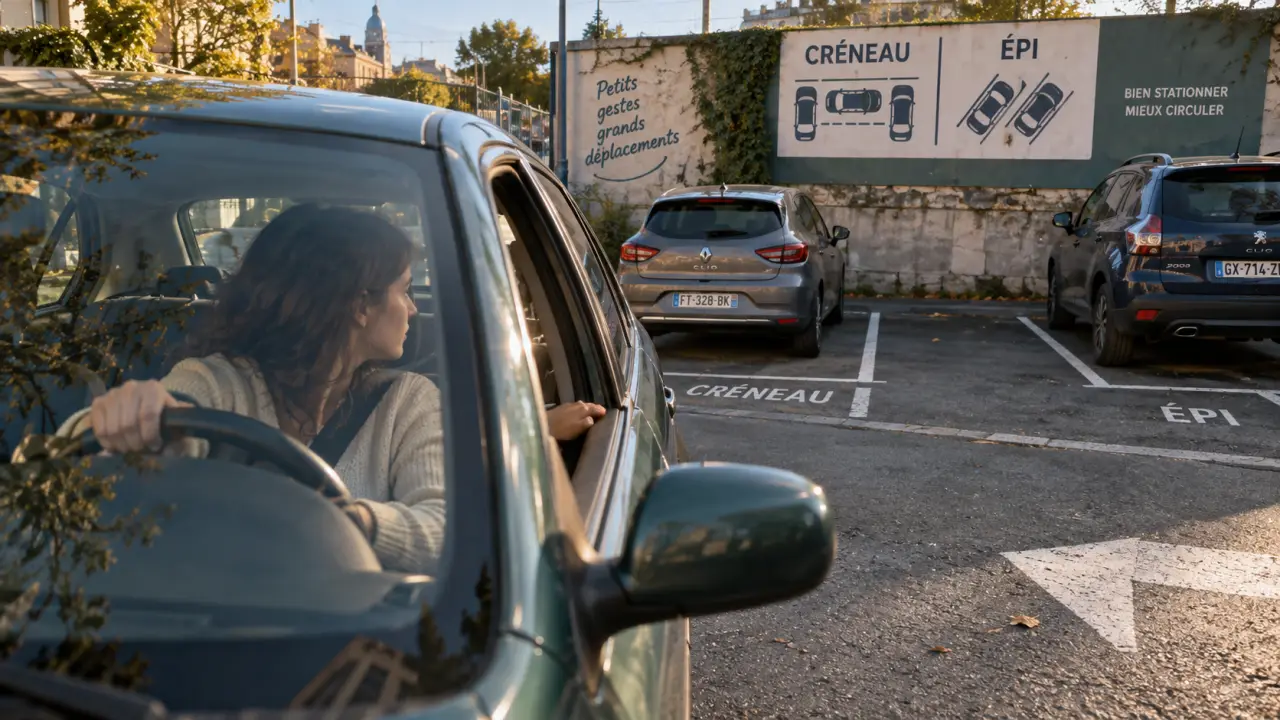 Différents type de stationnement : créneau et épi en marche arrière, parking urbain