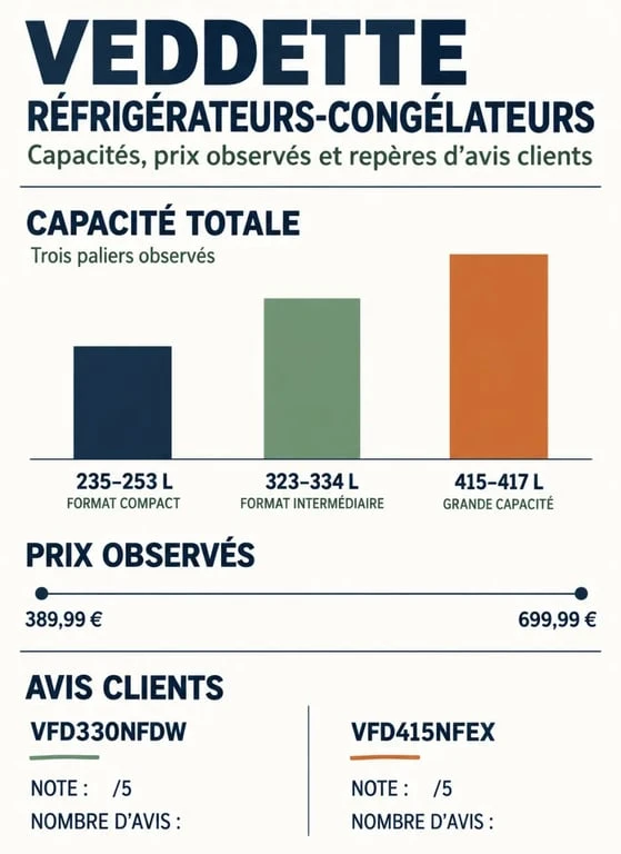 Infographie comparative des capacités et prix d'un frigo congélateur Vedette