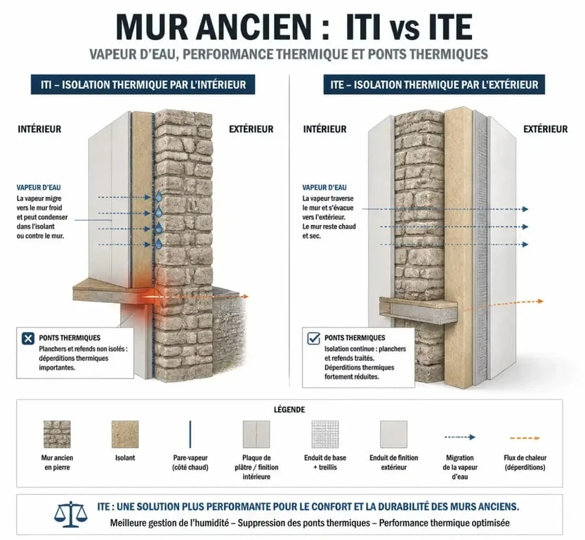 Schéma comparatif isolation maison ancienne ITI vs ITE