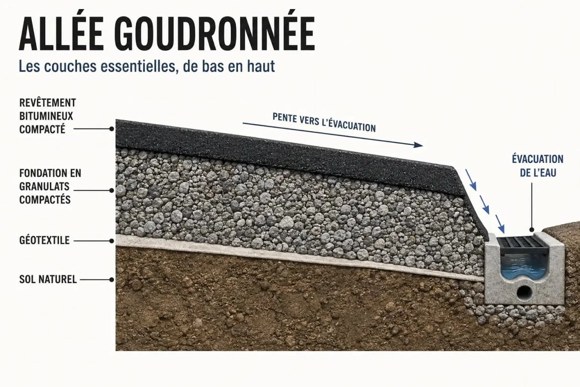 Schéma des couches et étapes de préparation d'une allée goudronnée