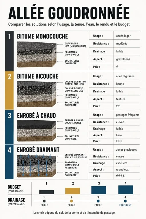 Infographie comparative des solutions pour une allée goudronnée