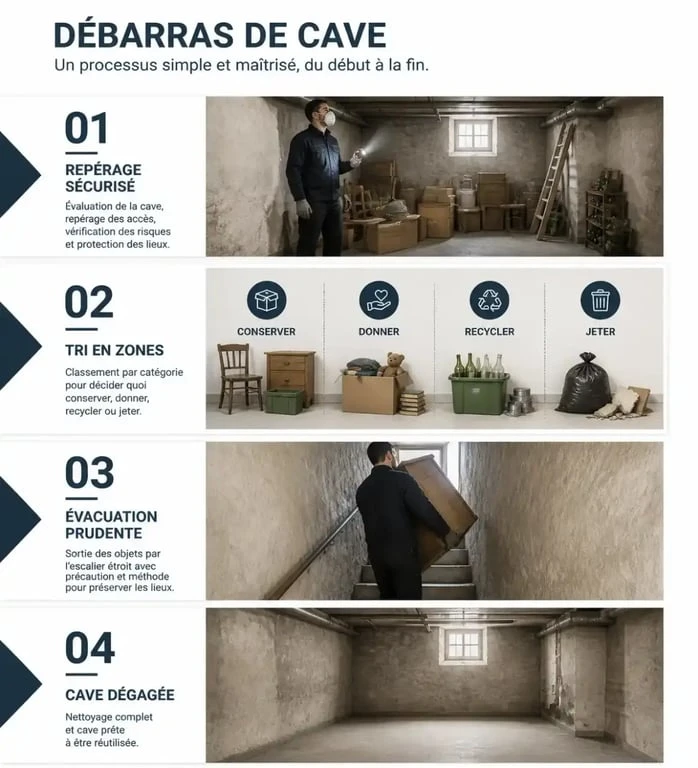Étapes d’un débarras de cave, du tri des objets au nettoyage final