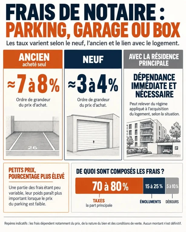 Infographie sur les frais de notaire pour une place de parking selon l'ancien, le neuf et la dépendance