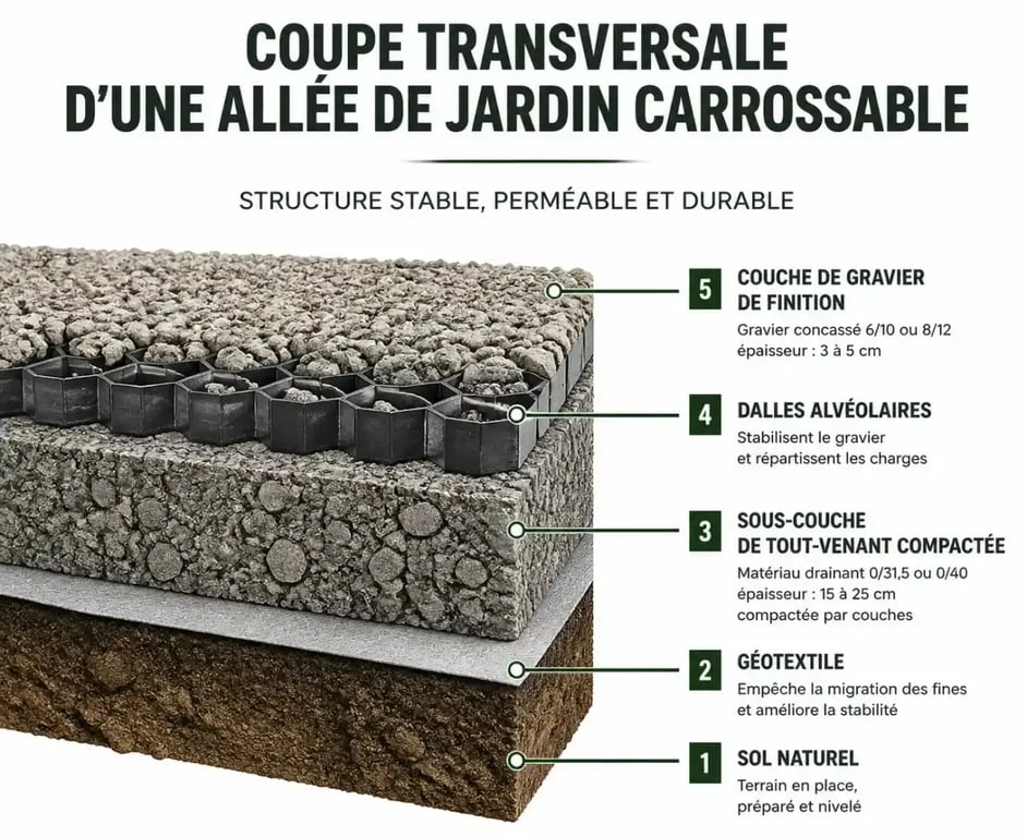 Schéma technique d'une allée de jardin en gravier carrossable avec ses différentes couches