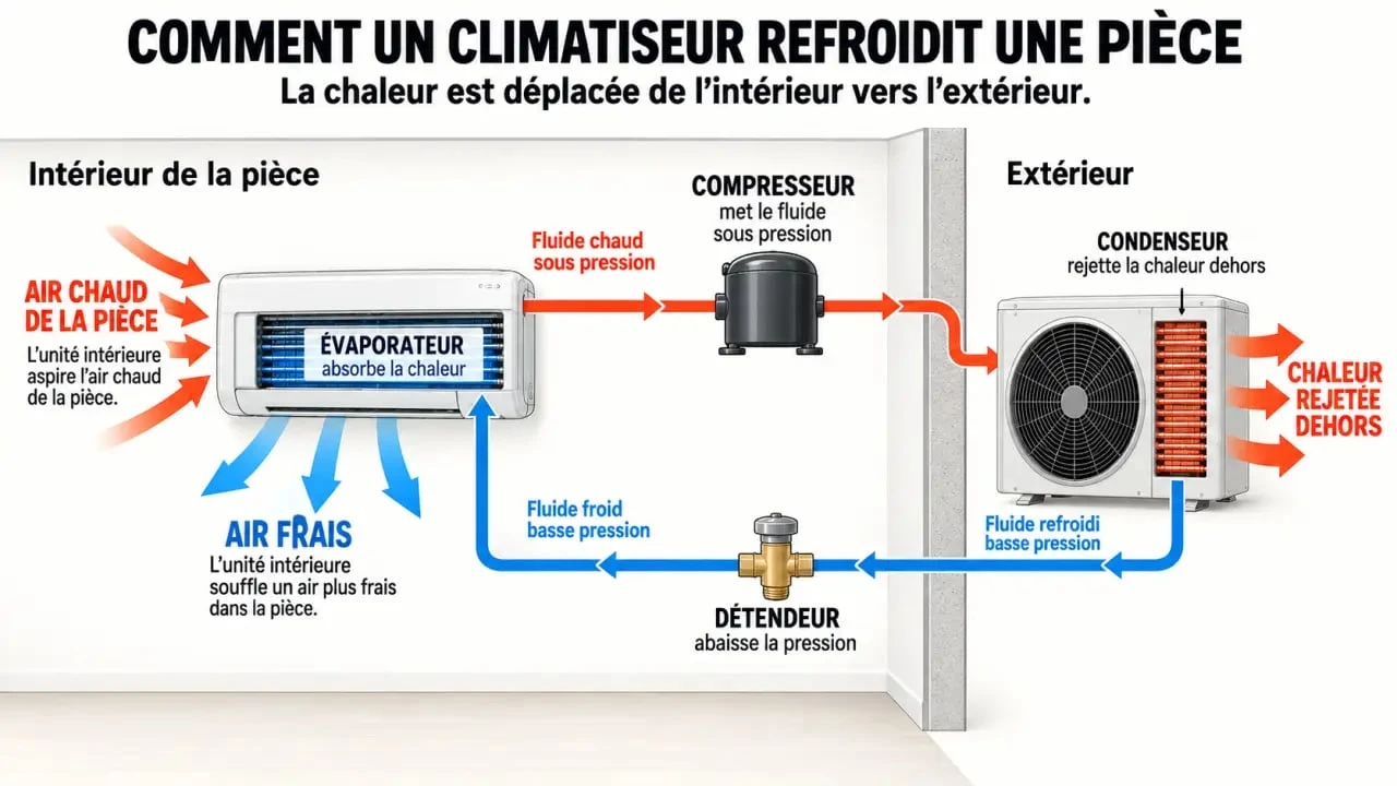 Schéma simplifié du fonctionnement d’un climatiseur et du transfert de chaleur