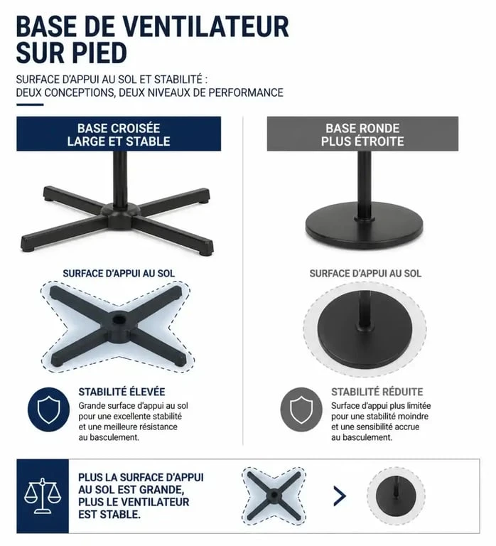 Comparaison base croisée et base ronde d'un ventilateur sur pied pour la stabilité