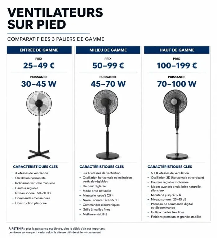 Tableau comparatif des gammes de prix d'un ventilateur sur pied selon puissance et fonctionnalités