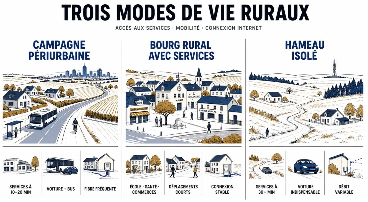 Vivre à la campagne : comparaison entre campagne périurbaine, bourg rural et hameau isolé
