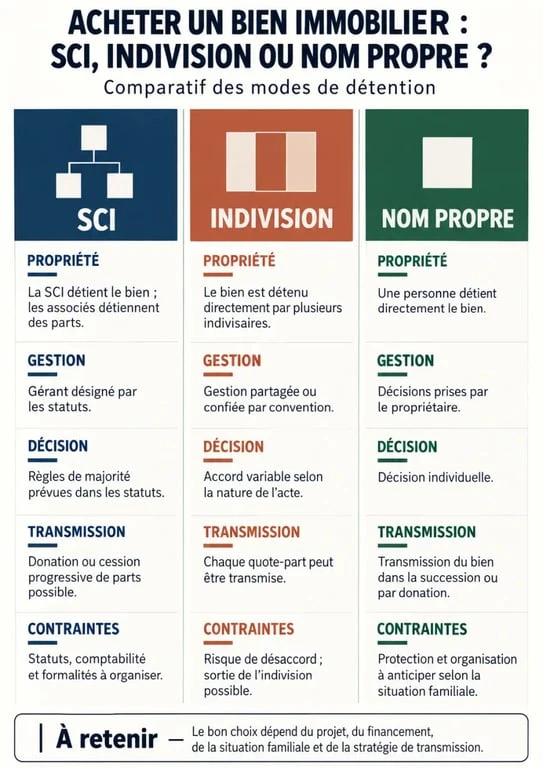 Achat immobilier par SCI : comparaison visuelle entre SCI, indivision et achat en nom propre