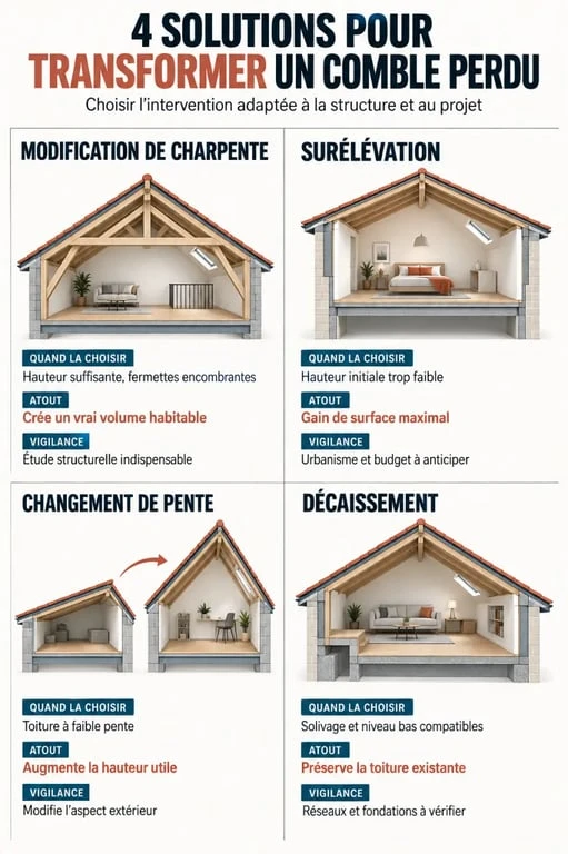 Infographie des solutions pour un comble aménagé : modification de charpente, surélévation, changement de pente et décaissement