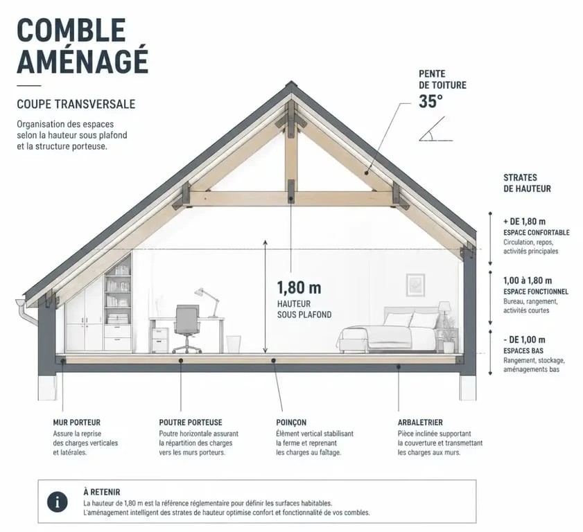 Schéma en coupe d'un aménagement de combles avec hauteur sous plafond et pente de toiture