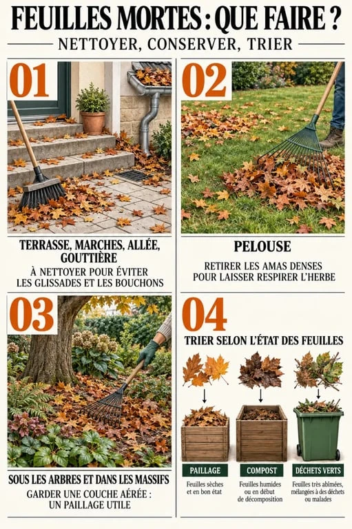 Ramassage des feuilles mortes : zones à nettoyer, à laisser en paillage et à valoriser au jardin