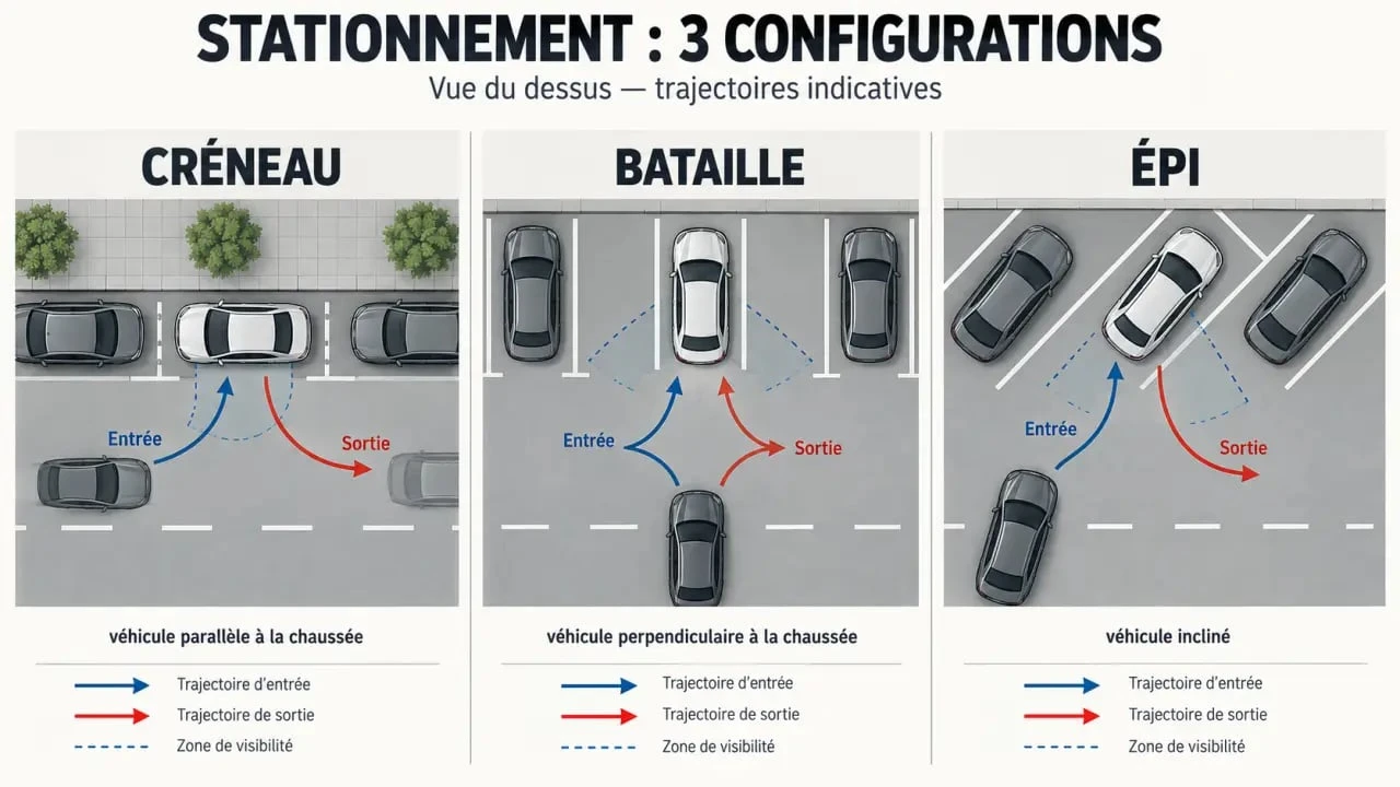 Infographie des différents types de stationnement : créneau, bataille et épi