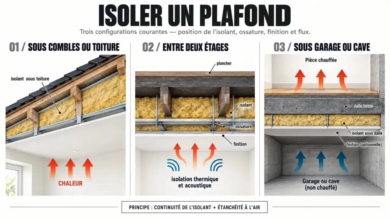 Schéma des solutions d’isolation plafond selon la configuration du logement