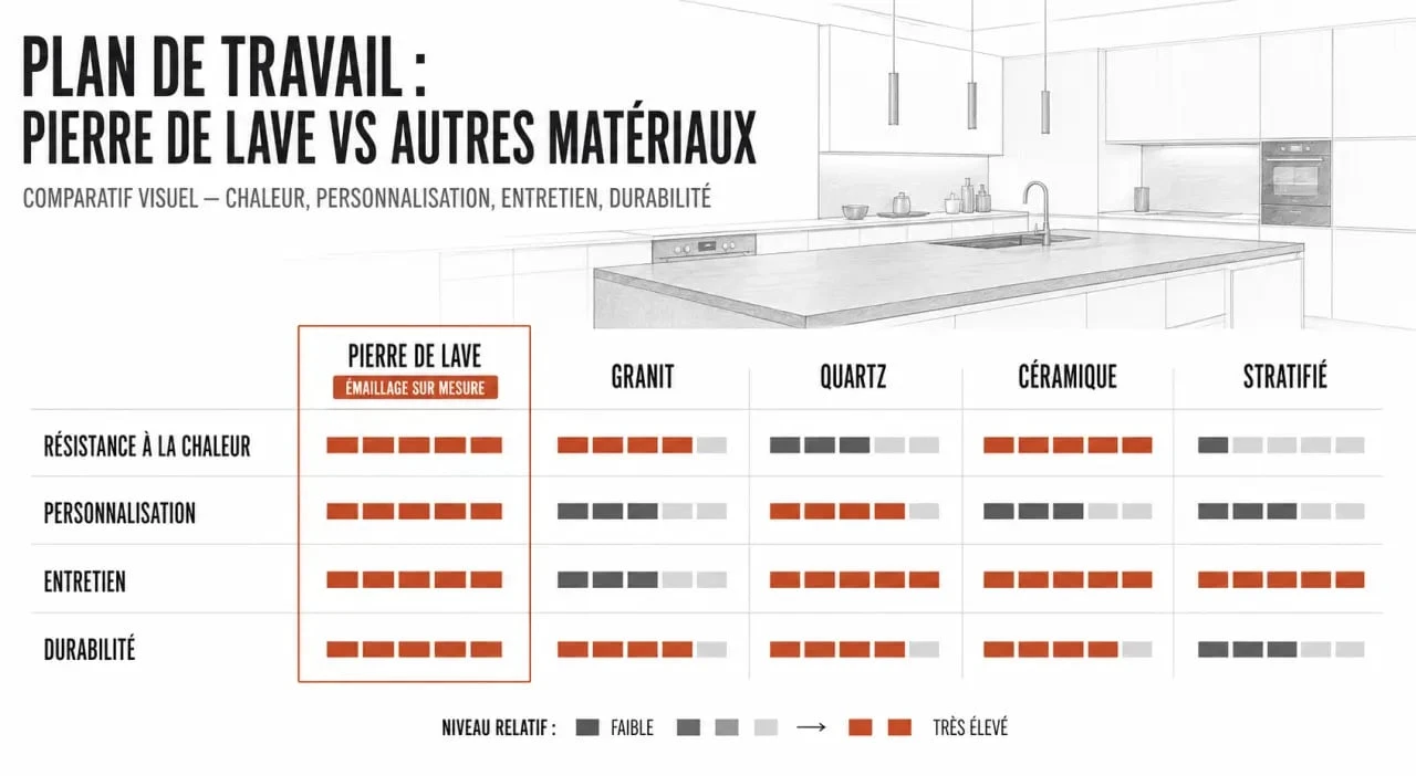 Comparatif visuel du plan de travail en pierre de lave face au granit, au quartz, à la céramique et au stratifié