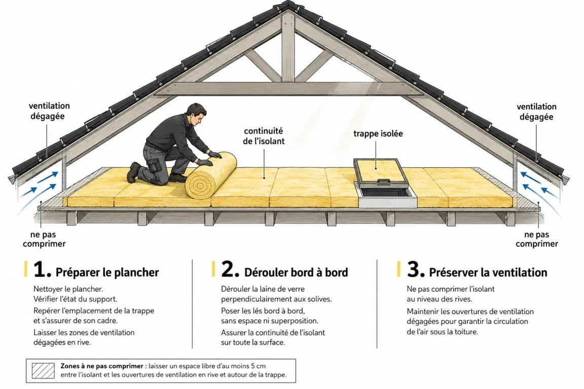Pose de laine de verre comble en coupe simplifiée montrant la continuité de l’isolant et la ventilation