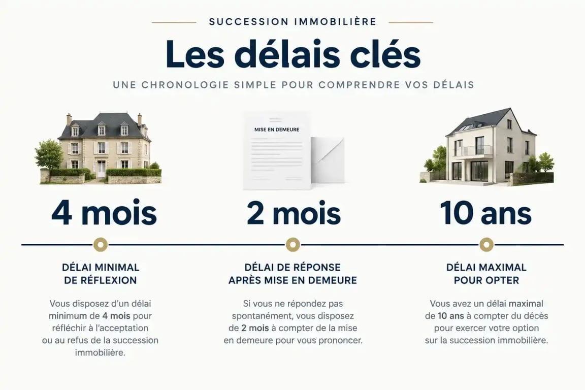 Infographie des délais légaux pour choisir ou renoncer à une succession immobilière