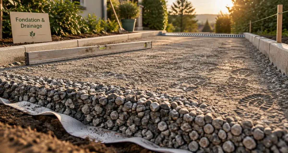 Allée pour voiture durable : sol avec drainage en grave compactée