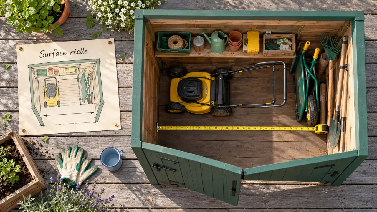 Cabane à outils jardin : mètre ruban mesure l’espace avant surface