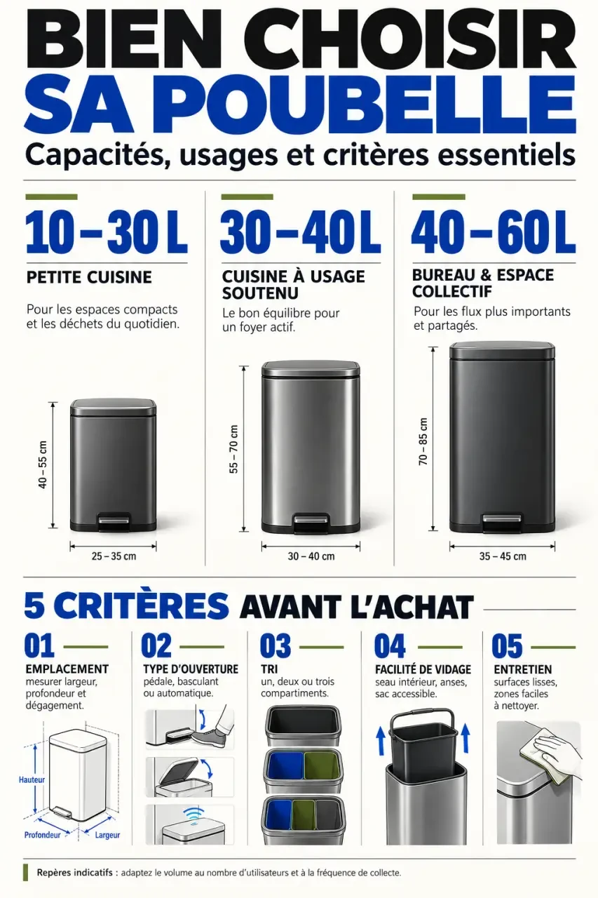 Infographie des critères de choix pour des poubelles design selon la capacité et l'usage